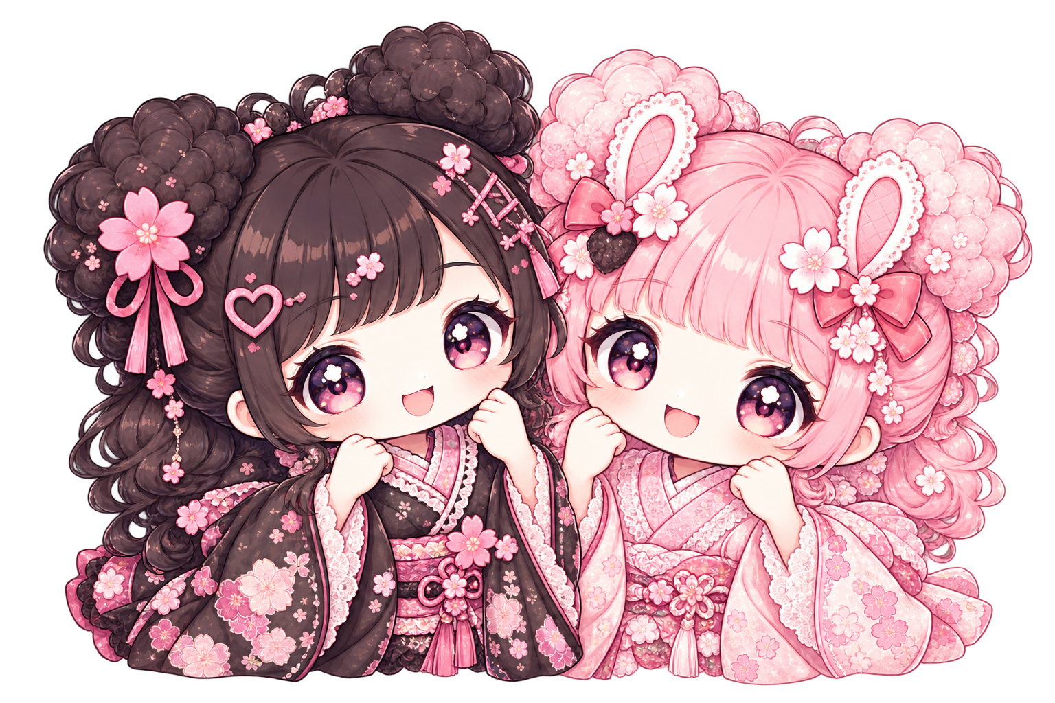 黒髪とピンク髪の着物姿の女の子、MOMOPOPOの二人のマスコット